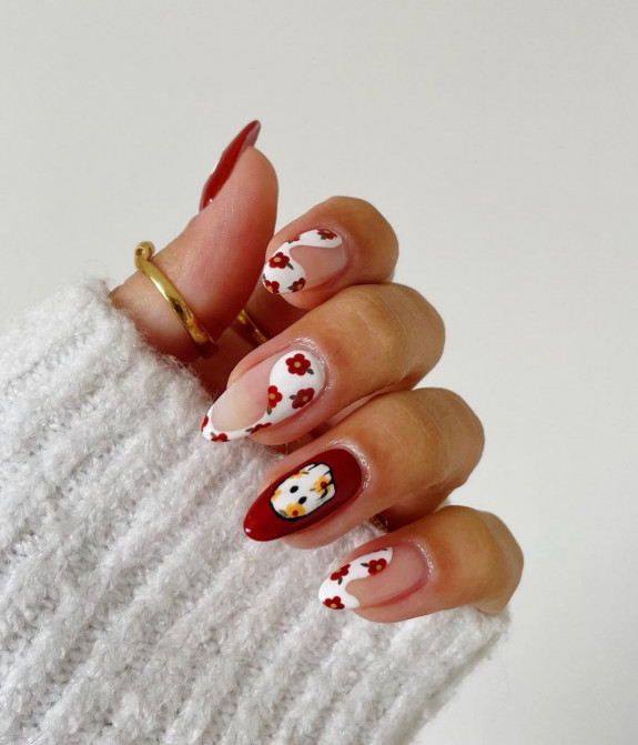 76 Spooky Halloween Nails for Every Taste — Red Flower + Ghost Abstract Nails