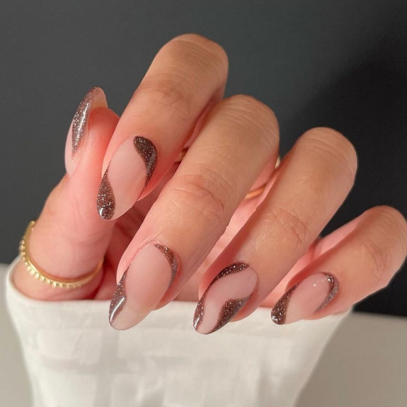 50+ Fall Nails That Are So Trendy — Glittery Brown Negative Space Nails