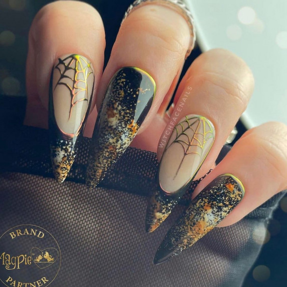 50 Spooky Spider Web Nails — Black and Gold Stiletto Nails with Gold ...