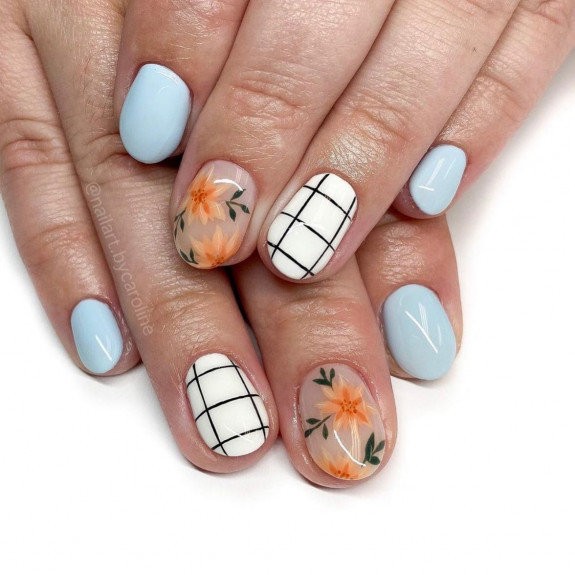 49 Pretty Fall Floral Nails — Mix n Match Floral and Blue Nails