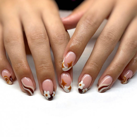 49 Pretty Fall Floral Nails — Brown Flower & Swirl Tip Nails