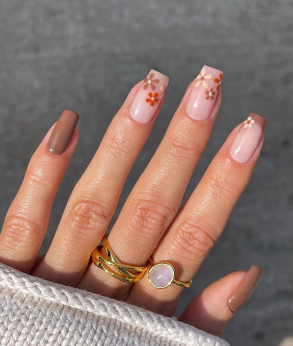 49 Pretty Fall Floral Nails — Shades of Brown Flower Tip Nails