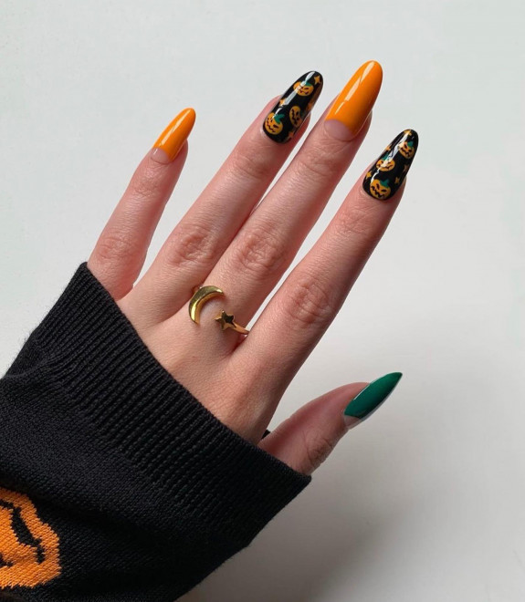 76 Spooky Halloween Nails for Every Taste — Pumpkin Black Almond Nails