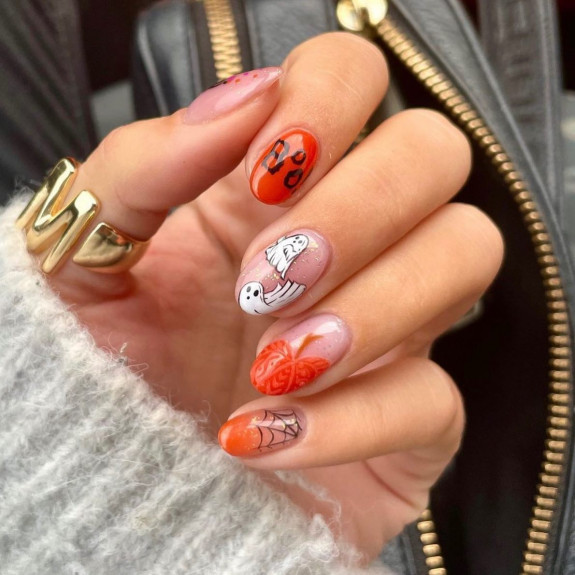 76 Spooky Halloween Nails for Every Taste — Ghost + Pumpkin Sheer Nails