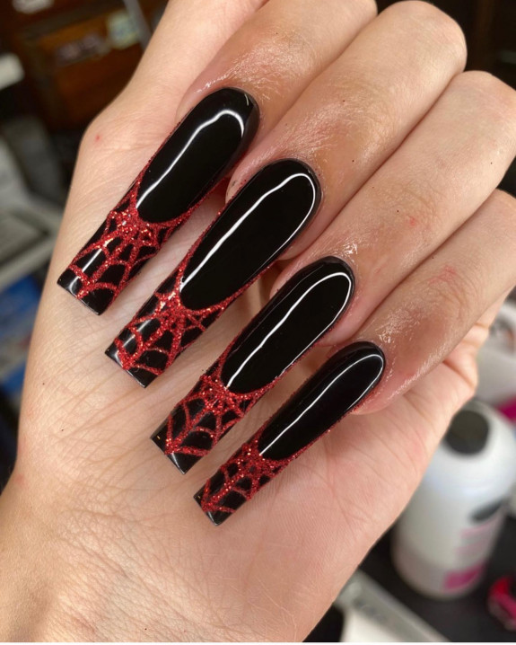 53 Black Halloween Nails — Glitter Red Cobweb Black Nails