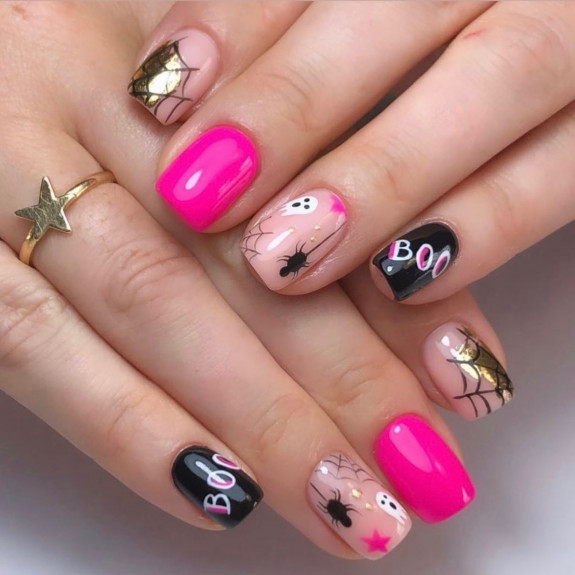 76 Spooky Halloween Nails for Every Taste — Black, Gold and Hot Pink Nails