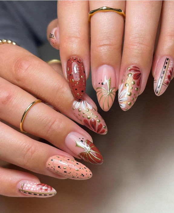 50+ Best Halloween Nails for Every Taste — Brown + Nude + Gold Pumpkin Nails