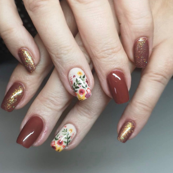 49 Pretty Fall Floral Nails — Mismatch Brown + Glitter + Floral Nails