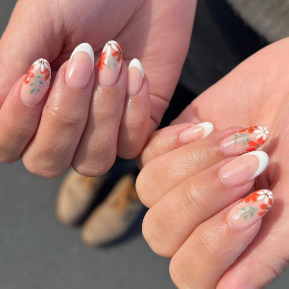 49 Pretty Fall Floral Nails — Floral White French Tip Nails