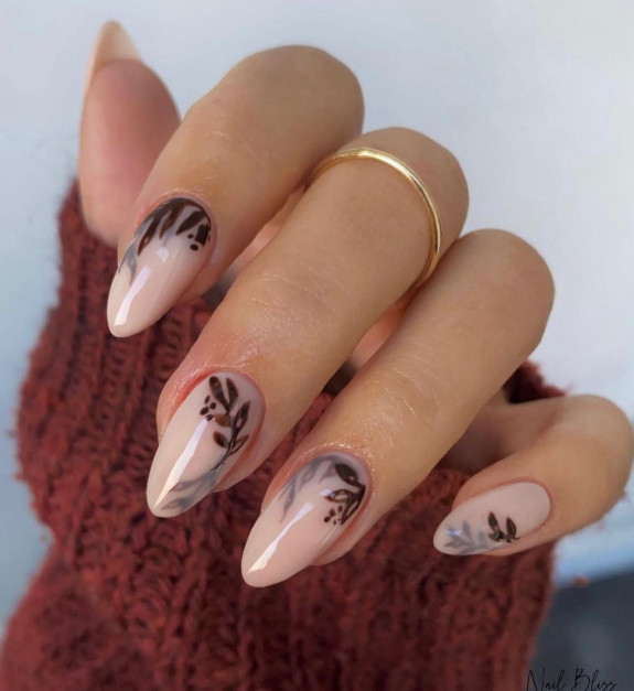 49 Pretty Fall Floral Nails — Chocolate Brown Floral Almond Nails