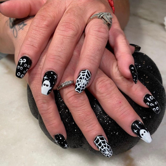 53 Black Halloween Nails — White Spiderweb + Ghost Coffin Nails