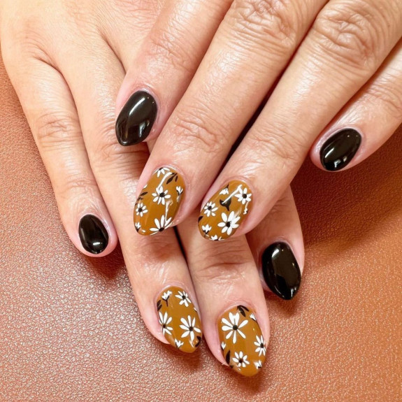 49 Pretty Fall Floral Nails — Flower Brown and Black Nails