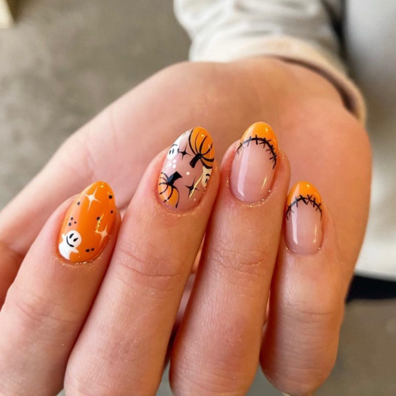 76 Spooky Halloween Nails for Every Taste — Pumpkin + Stitch French Tip Nails