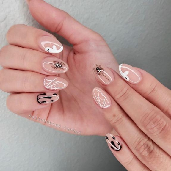 50 Spooky Spider Web Nails — Black Drip, Spider + White Web Nails