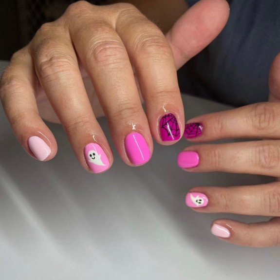 50+ Best Halloween Nails for Every Taste — Gradient Pink with Ghost & Cobweb Nails