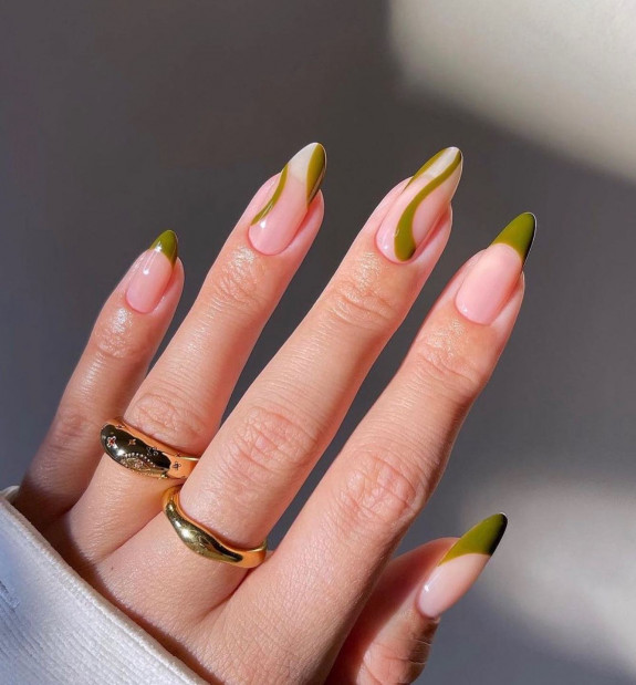 42 Best Fall Nail Trends of 2022 — Green Swirl French Nails