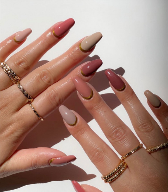 42 Best Fall Nail Trends of 2022 — Mauve Toned Nails with Gold Cuffs