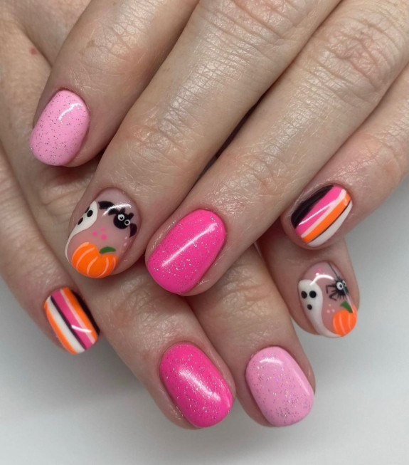 76 Spooky Halloween Nails for Every Taste — Bright Pink + Orange Nails