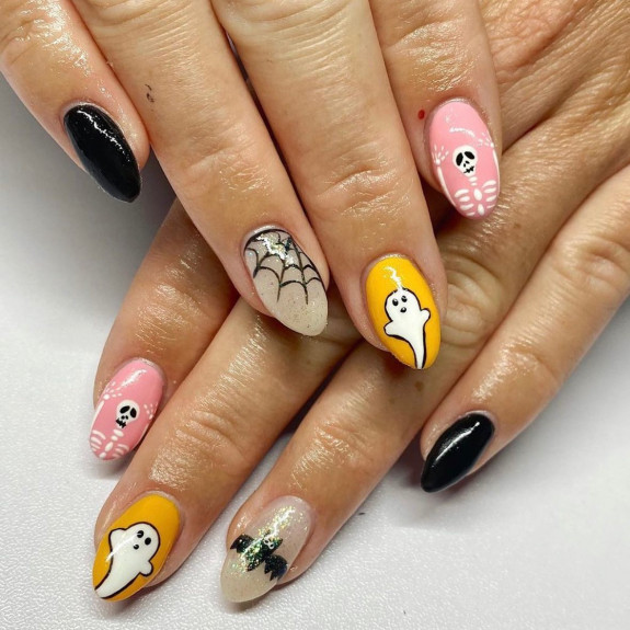 76 Spooky Halloween Nails for Every Taste — Skeleton Pink Nails