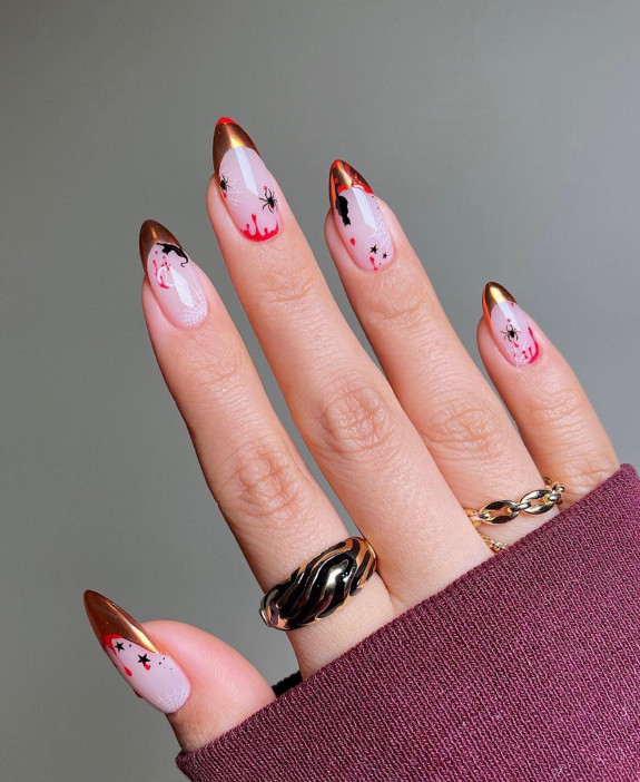 50+ Best Halloween Nails for Every Taste — Gold French Tip Nails with Spiders