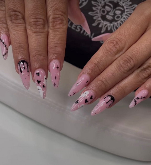 60+ Halloween Nails 2022 — Black, White Pink Stiletto Nails