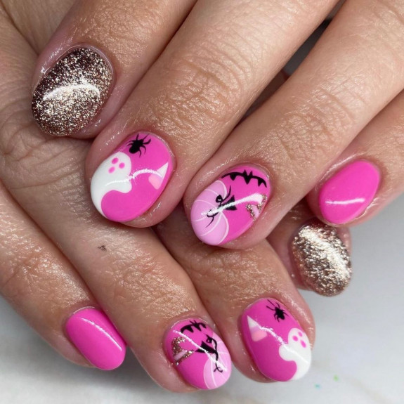 50+ Best Halloween Nails for Every Taste — Glitter Gold + Pink Short Nails