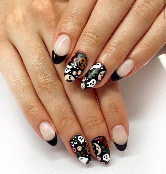 60+ Halloween Nails 2022 — Black French + Skull + Ghost