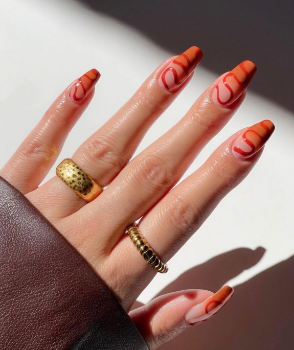 42 Best Fall Nail Trends of 2022 — Ombre French Nails with Red Swirls