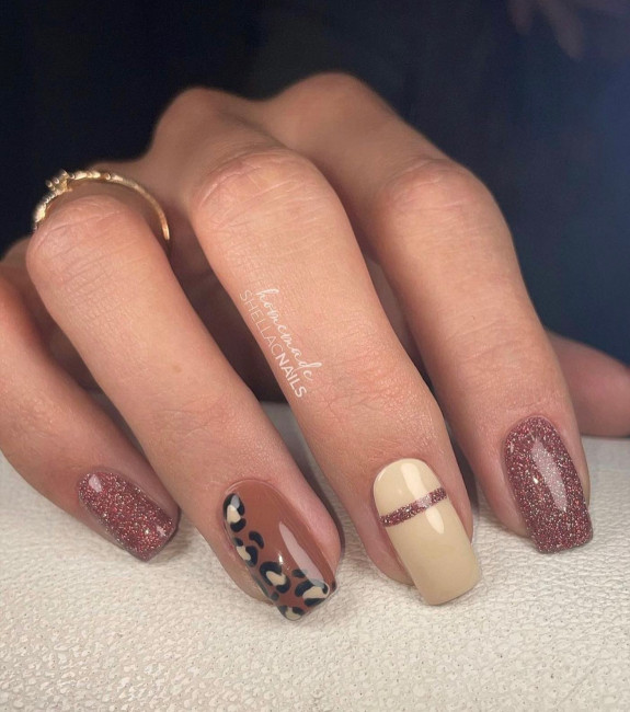 42 Best Fall Nail Trends Of 2022 — Glitter Mauve Leopard Nails 