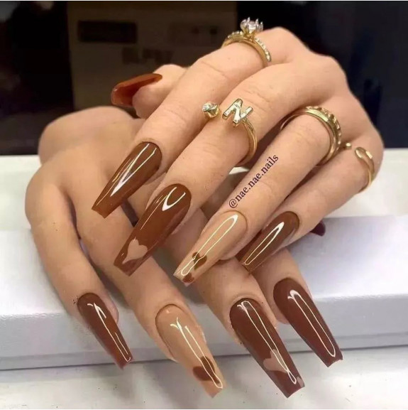 42 Best Fall Nail Trends of 2022 — Shades of Brown Acrylic Nails with Hearts