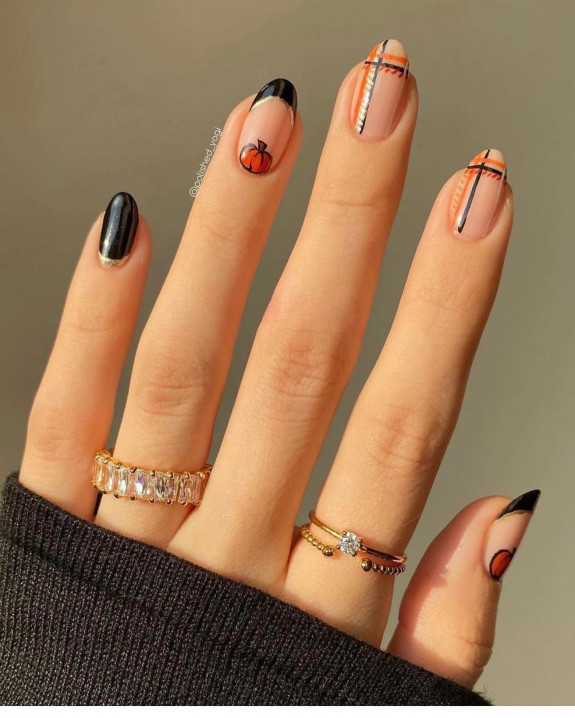 42 Best Fall Nail Trends of 2022 — Orange Plaid + Pumpkin Black French Tip Nails