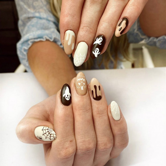 60+ Halloween Nails 2022 — Nude, White & Brown Spooky Nails