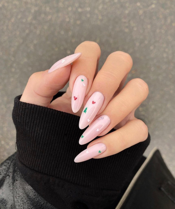 35 Best Nude Christmas Nails — Almond Nails with Tiny XMas Details