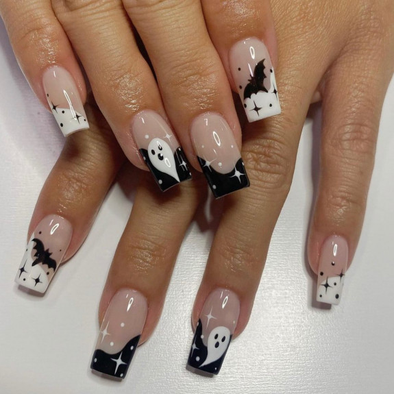 76 Spooky Halloween Nails for Every Taste — Black and White Abstract Tip Nails