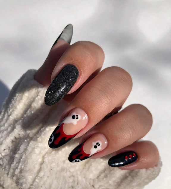 60+ Halloween Nails 2022 — Black French with Blood Drip