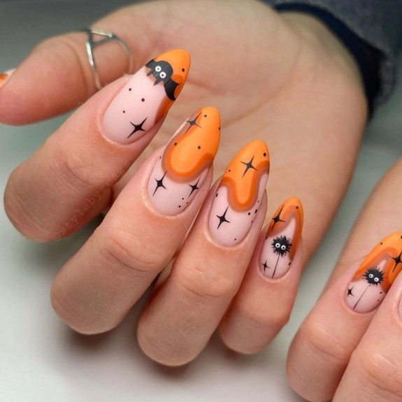 50+ Best Halloween Nails for Every Taste — Orange Swirl Tip Nails with Bat