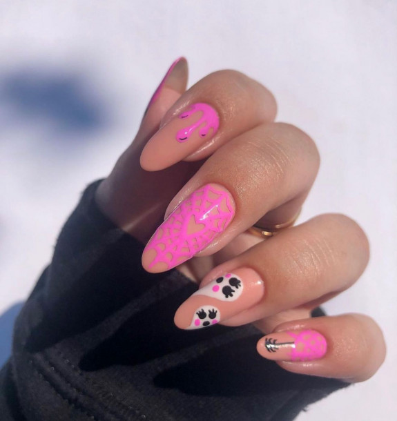 60+ Halloween Nails 2022 — Girly Ghost + Pink Cobweb Nails