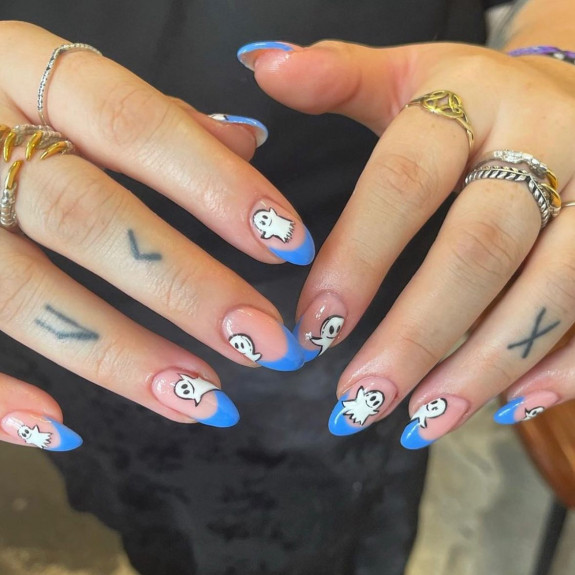 60+ Halloween Nails 2022 — Blue French Tip Nails with Ghosts