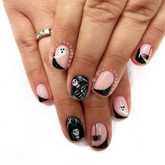 50+ Best Halloween Nails for Every Taste — Black Skeleton + Black French Tip Nails