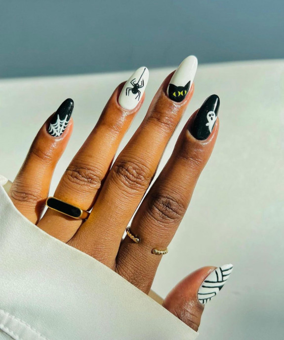 60+ Halloween Nails 2022 — Mismatched Black and White Nails