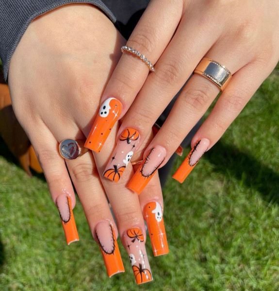 60+ Halloween Nails 2022 — Orange Pumpkin Acrylic Nails