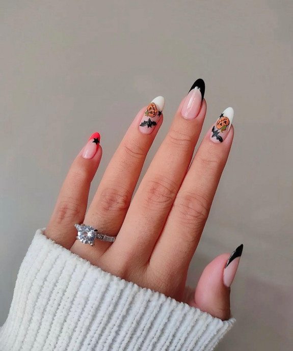 50+ Best Halloween Nails for Every Taste — Black & White French Nails with Jack-O-Lantern