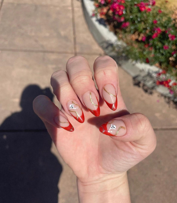 60+ Halloween Nails 2022 — Red French Tip Nails with Ghost Accents