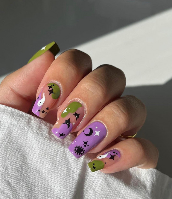 50+ Best Halloween Nails for Every Taste — Green and Purple Halloween Coffin Nails