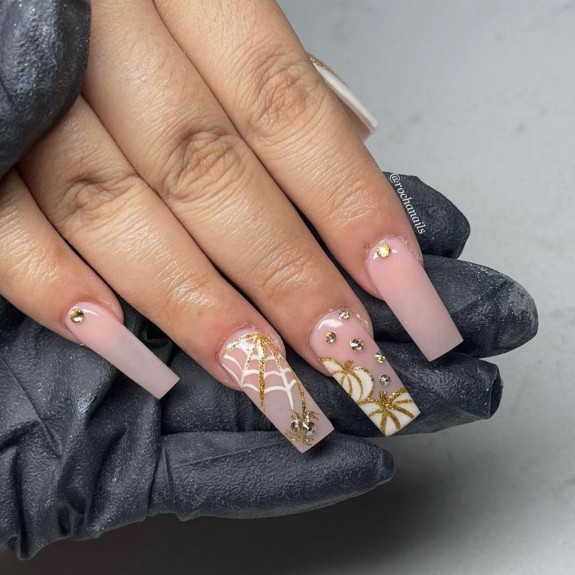 60+ Halloween Nails 2022 — Gold & White Cobweb & White Pumpkin Nails