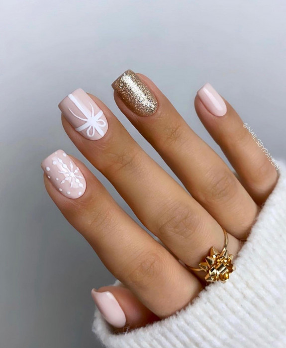 35 Best Nude Christmas Nails — Present, Snowflake Glitter and Nude Nails