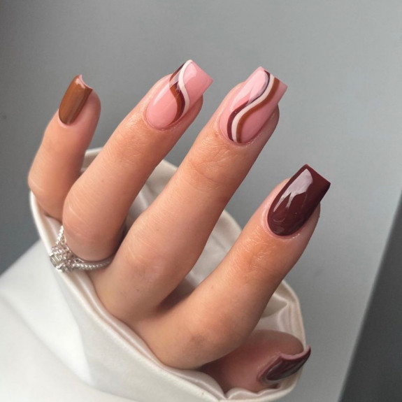 50+ Fall Nails That Are So Trendy — Chocolate Swirl Tapered Square Nails