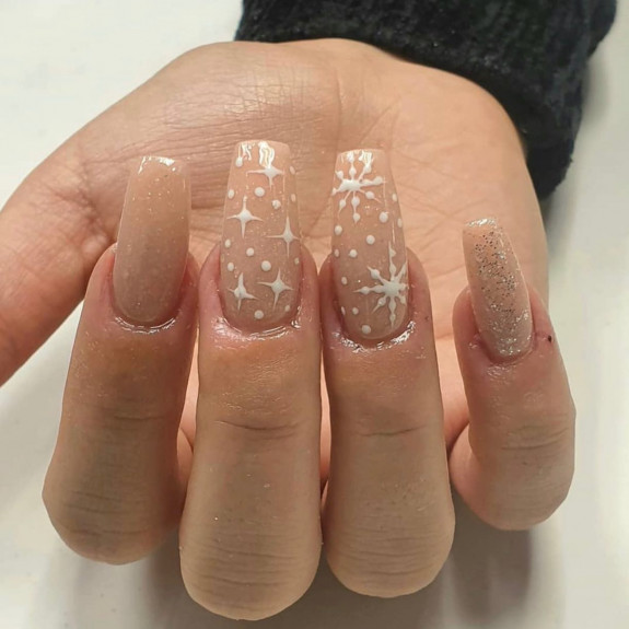 35 Best Nude Christmas Nails — Snowflake Nude Coffin Acrylic Nails