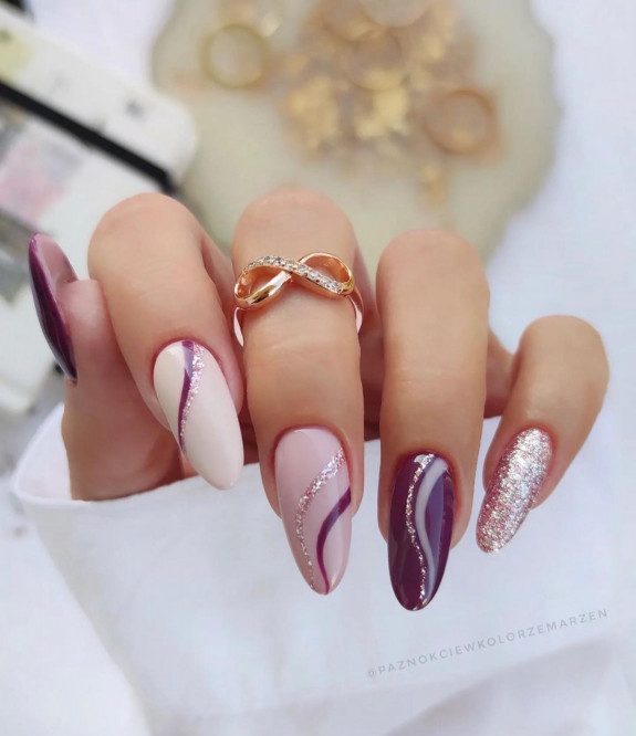 50+ Fall Nails That Are So Trendy — Plum and Glitter Almond Nails