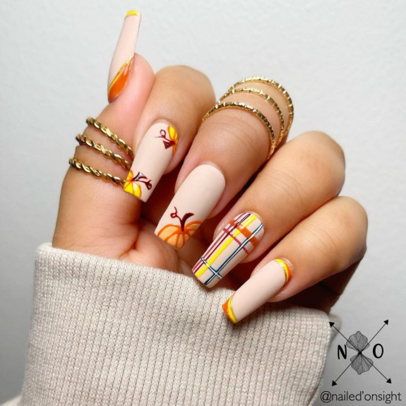 30 Cute Pumpkin Nails — Plaid Nude Coffin Nails